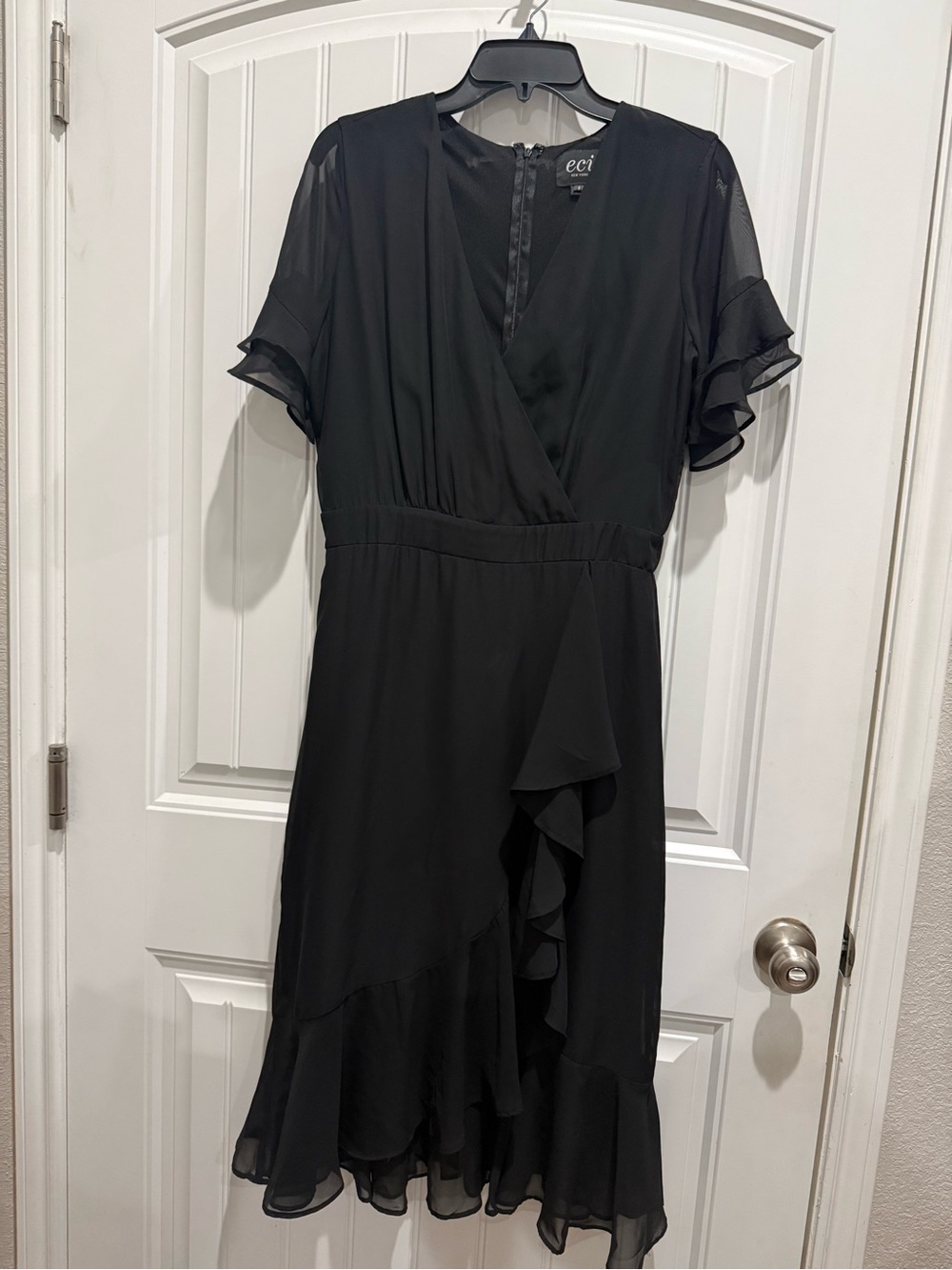 ECI Black Ruffle-Trim Faux Wrap Midi Dress